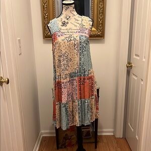 True Craft Asymmetrical Patchwork Dress - Blue, Orange, Cream